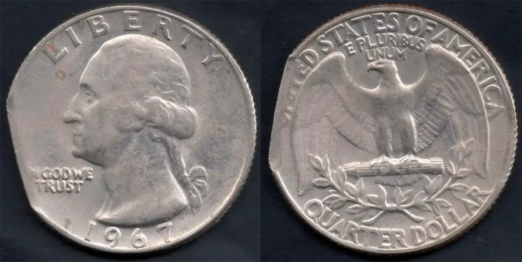 1967 Quarter with curved clipped planchet, clear Blakesley effect