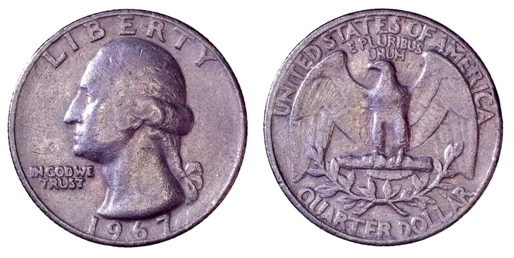 1967 Washington Quarter listing notes 75 % Cu 25 % Ni clad makeup