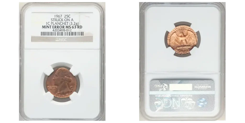 1967 Quarter off-center strike on cent planchet, rim missing top