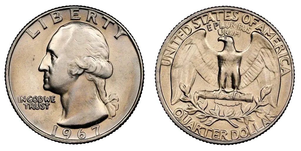 1967 Washington Quarter obverse without mintmark shows Philadelphia strike