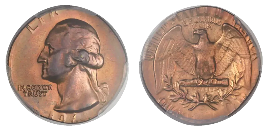 1967 Quarter struck on copper cent planchet, full red tone